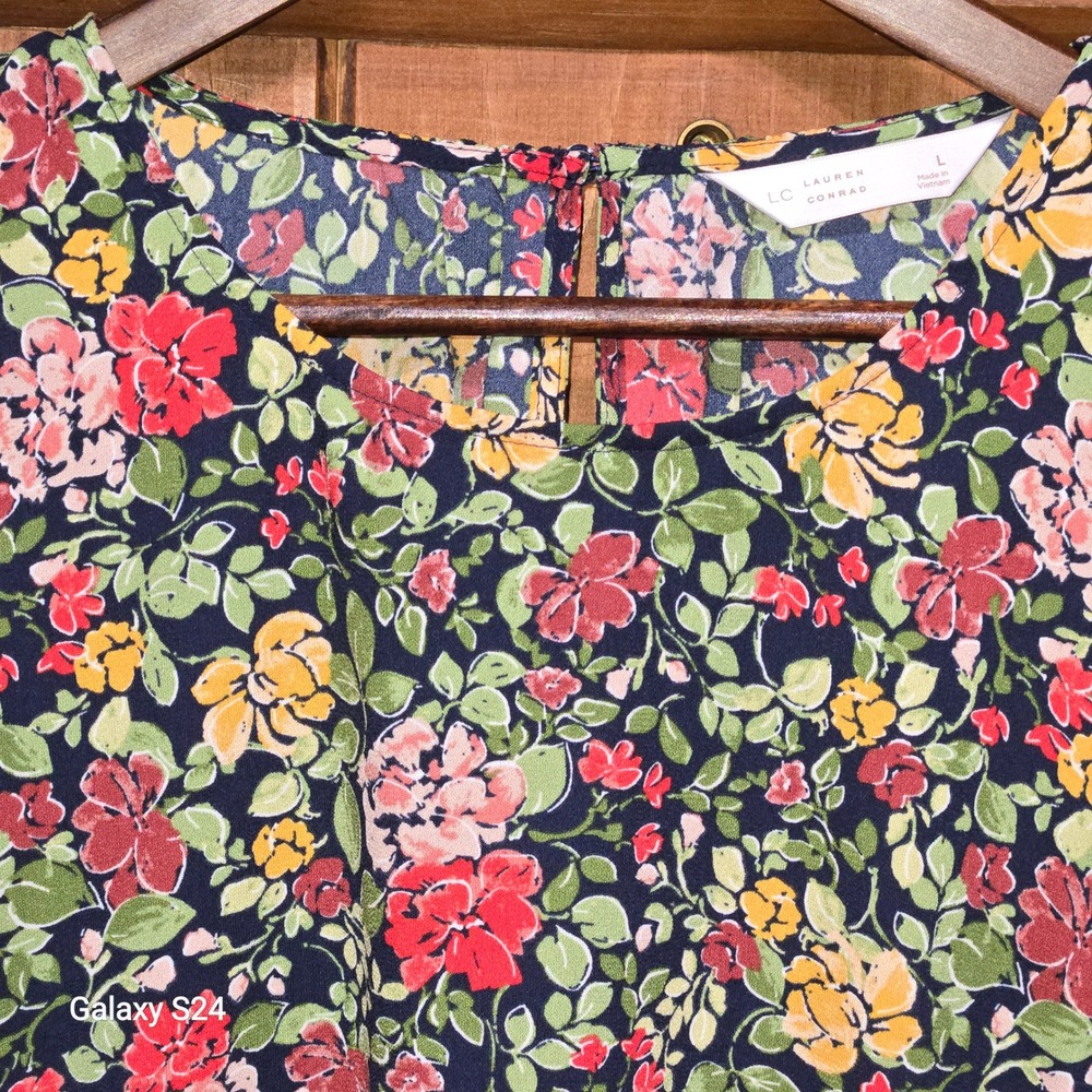 LC Lauren Conrad Womens Floral Short Sleeve Blouse Navy Blue Red Yellow Large